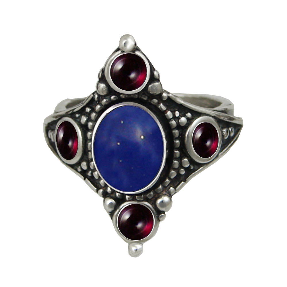 Sterling Silver Renaissance Queen's Ring With Lapis Lazuli And Garnet Size 11